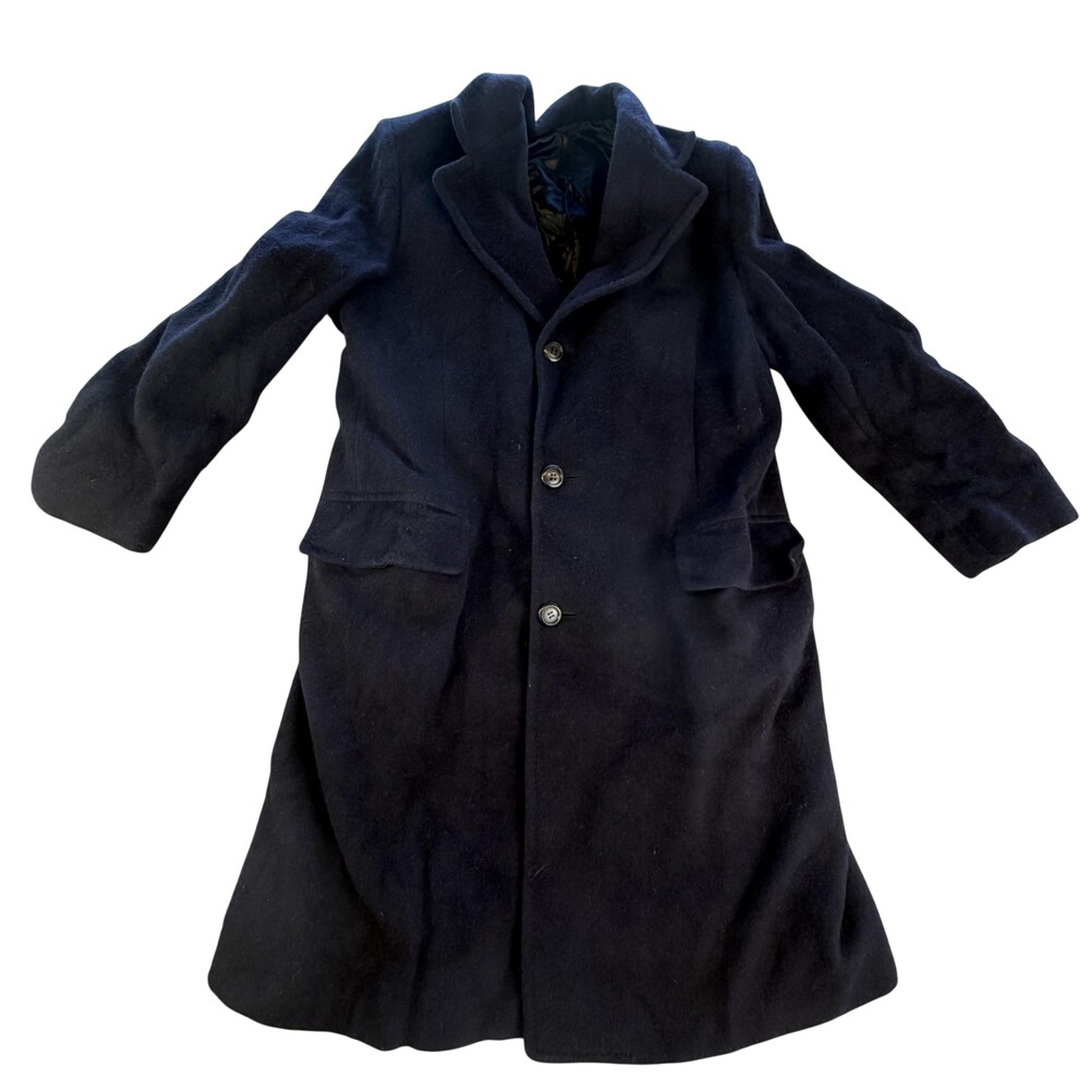 Vintage Wool Coat Mens 40 Blue Long Lined Single Breasted Overcoat Formal